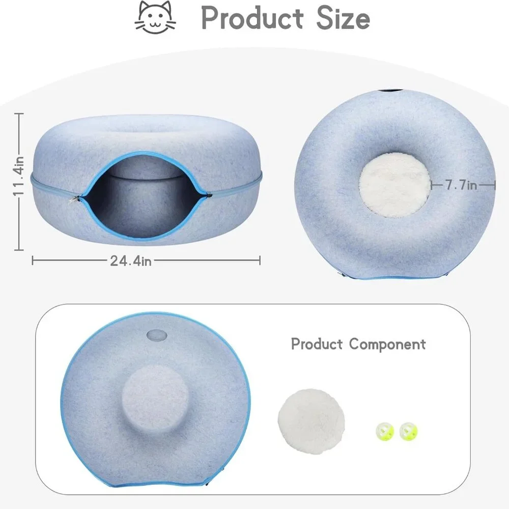 CAT BED 24 X 24 X 11 Inches Large Cat Tunnel Bed, Peekaboo Cat Cave BLUE